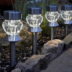 Smart solar LED crystal stake garden lights warm white stainless steel